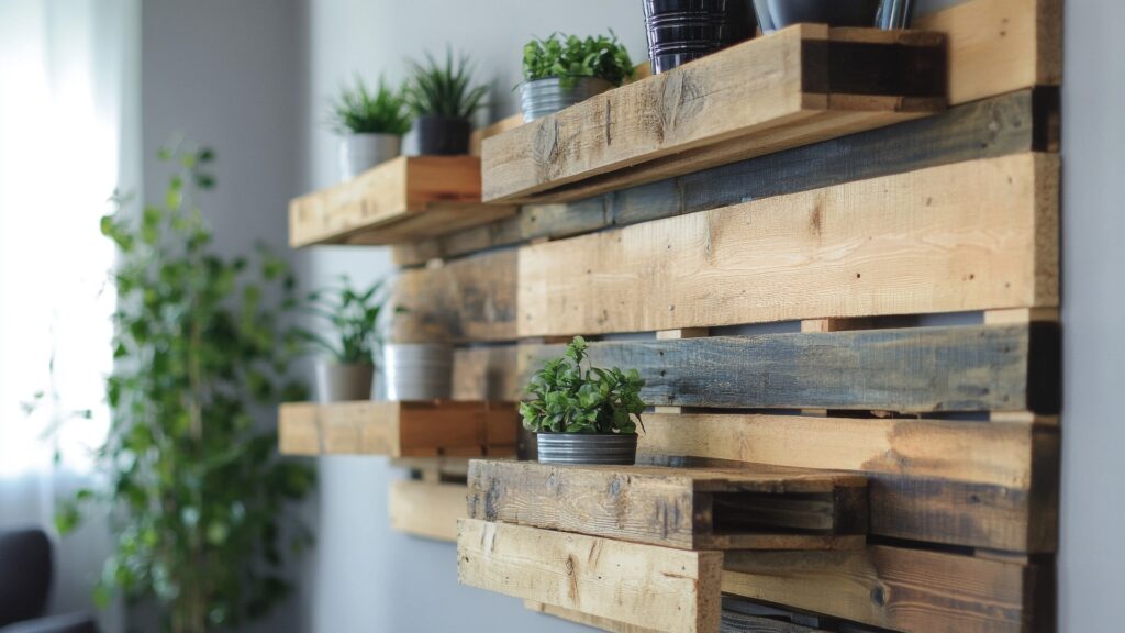 Holzpaletten, die kreativ zu Regalen umfunktioniert wurden – ein Symbol für nachhaltige Wiederverwertung und ressourcenschonenden Umgang in der Logistik.